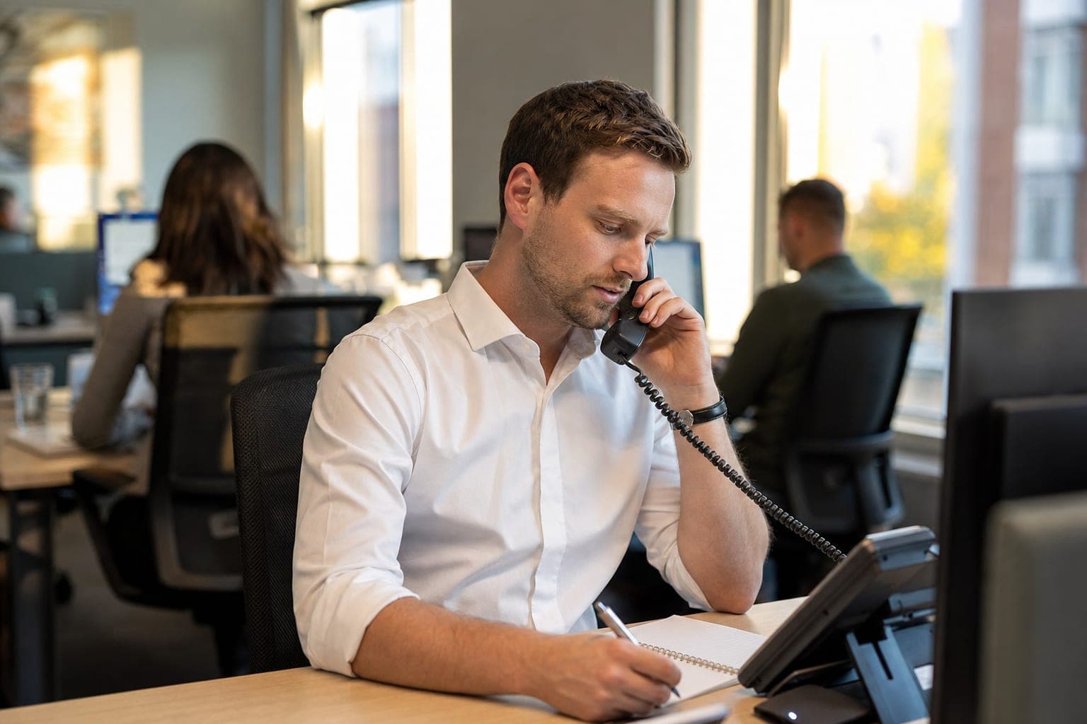 Recruiter im Büro am Telefon, daneben Notizblock und Tischapparat